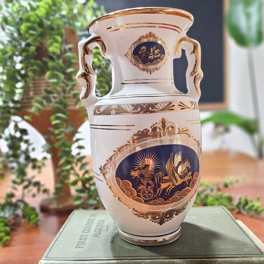Vintage Greek 24K Gold Pegasus Chariot Vase Cobalt White Greek Mythology